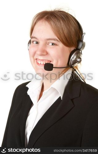 young business woman with headset isolated white background