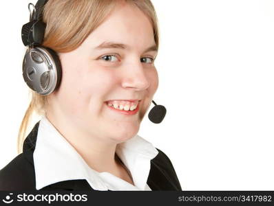 young business woman with headset isolated white background