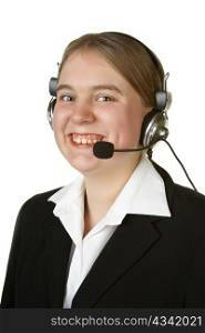 young business woman with headset isolated white background