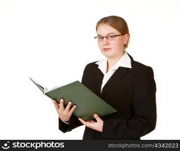 young business woman with ledger book isolated on white background