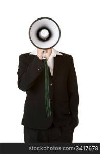 young business woman with megaphone isolated on white background