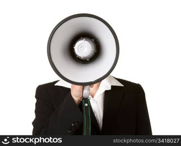 young business woman with megaphone isolated white background