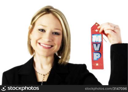 Young business woman with MVP (most valuable player) ribbon.
