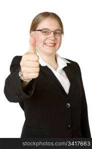 young business woman with thumbs up isolated on white background