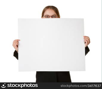 young business woman with white card isolated white background