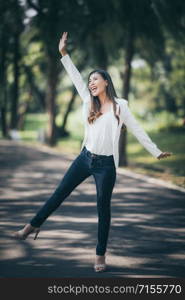 Young business women are enjoying outdoor office work, business success concept