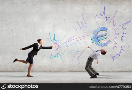 Young businessman benting to evade from thrown euro sign. Money concept