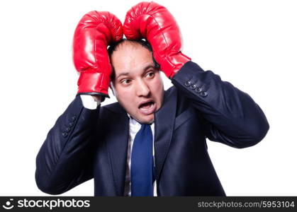 Young businessman boxer isolated on white