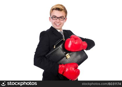 Young businessman boxer isolated on white