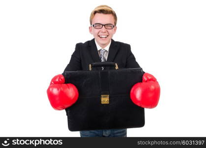 Young businessman boxer isolated on white