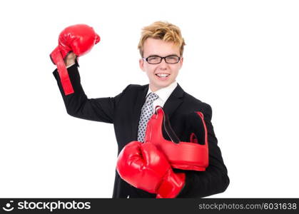 Young businessman boxer isolated on white