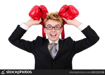 Young businessman boxer isolated on white