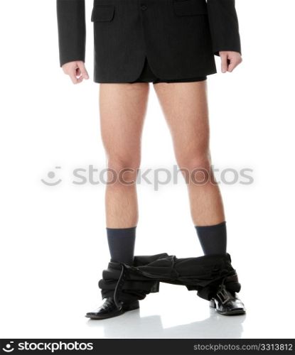 Young businessman caught with pants down. Isolated on white background.