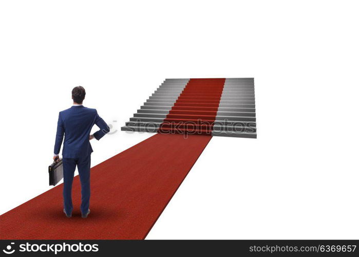 Young businessman climbing stairs and red carpet on white background. Young businessman climbing stairs and red carpet on white backgr