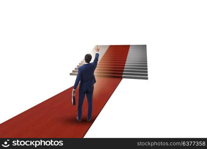 Young businessman climbing stairs and red carpet on white background. Young businessman climbing stairs and red carpet on white backgr