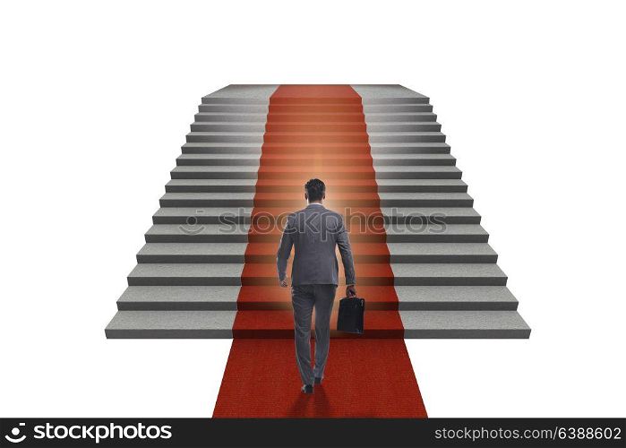 Young businessman climbing stairs and red carpet on white background. Young businessman climbing stairs and red carpet on white backgr
