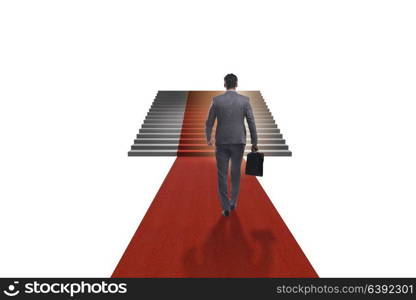 Young businessman climbing stairs and red carpet on white background. Young businessman climbing stairs and red carpet on white backgr