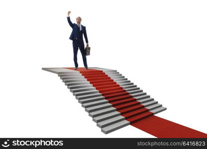 Young businessman climbing stairs and red carpet on white background. Young businessman climbing stairs and red carpet on white backgr