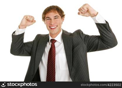 Young businessman excited over his career success. Isolated on white.