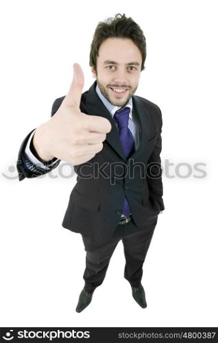 young businessman full body going thumb up, isolated on white background