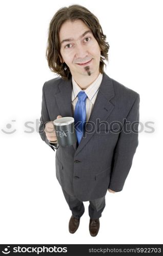 young businessman, full body, with a cup of milk, isolated