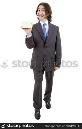 young businessman, full body,with a empty card, isolated