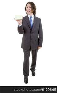 young businessman, full body,with a empty card, isolated