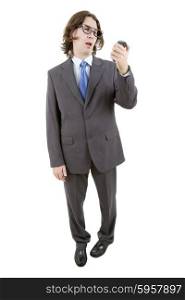 young businessman full length on the phone, isolated on white