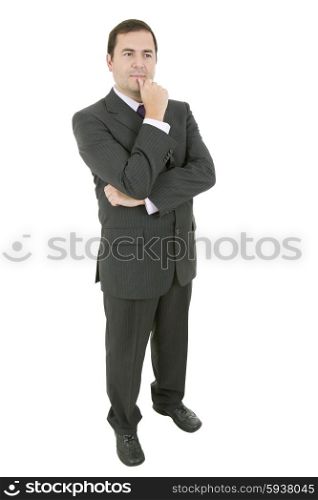 young businessman full length, thinking, isolated