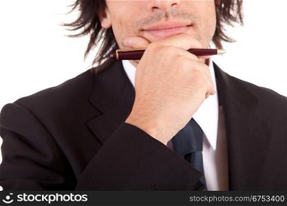 Young businessman, full of thoughts, isolated in white background