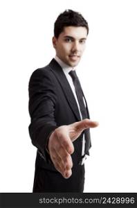 Young businessman giving handshake up isolated over a white background 