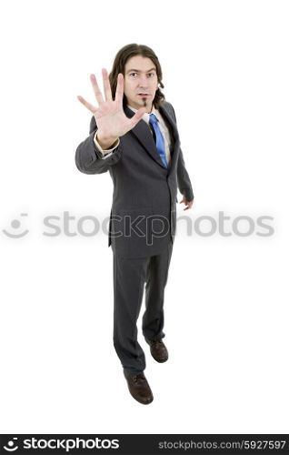 young businessman going stop with the hand, in a white background