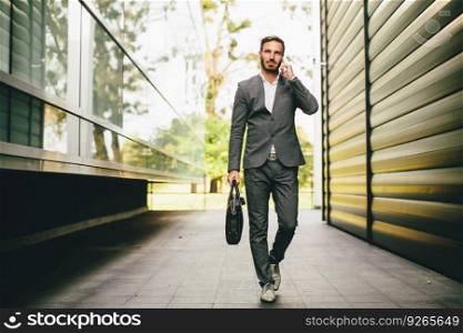 Young businessman going to work, talking on mobile phone and carries a briefcase in hand