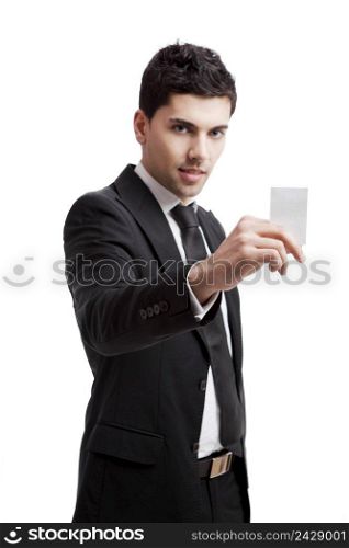 Young businessman holding a personal card on the hand, isolated over a white background 