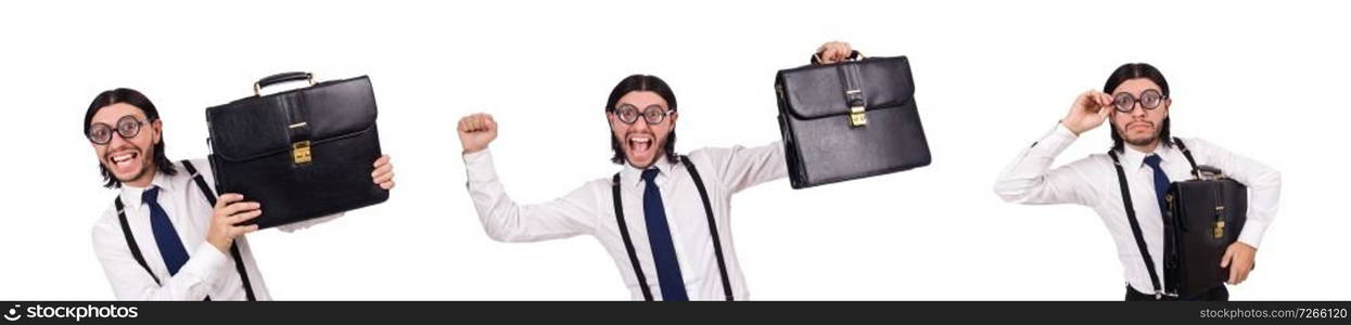 Young businessman holding briefcase isolated on white