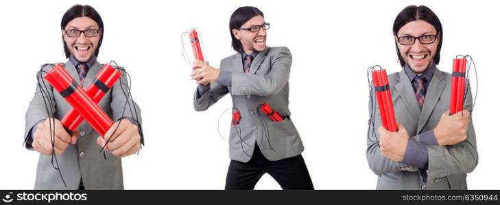 Young businessman holding dynamite isolated on white