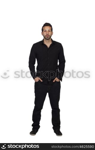 Young businessman in black isolated on white background