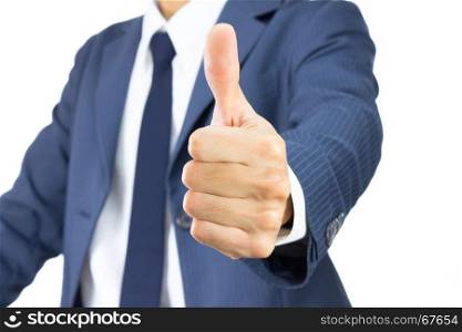 Young Businessman in Blue Suit Show Thumb Up Isolated on White Background.