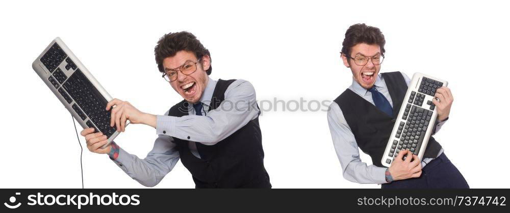 Young businessman in funny concept on white