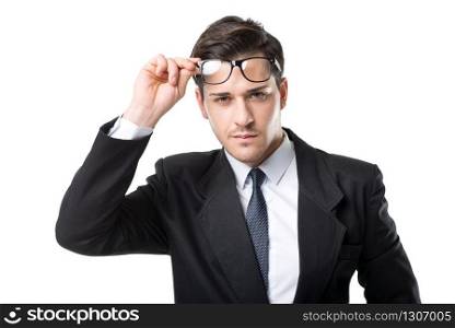Young businessman in glasses, tie and black suit, isolated on white background. Young businessman in glasses, tie and black suit