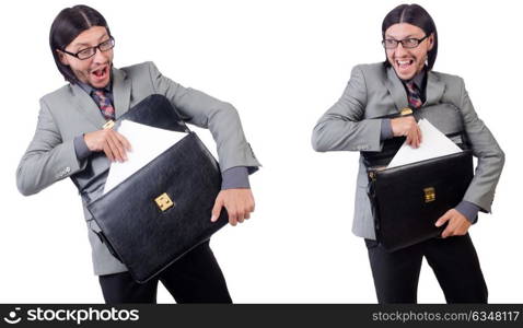 Young businessman in gray suit holding briefcase isolated on whi. Young businessman in gray suit holding briefcase isolated on white