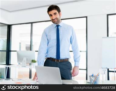 Young businessman in office standing and smiling