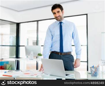 Young businessman in office standing and smiling