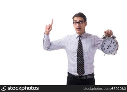 Young businessman in time management concept on white background