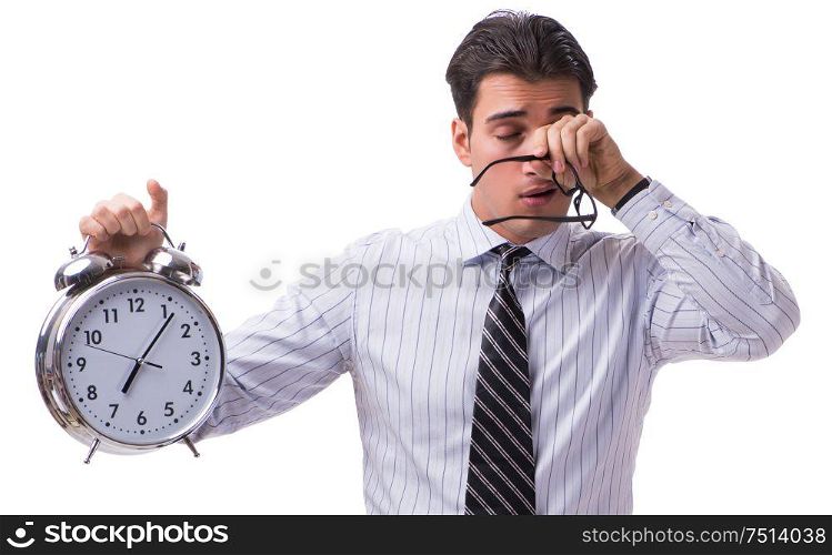 Young businessman in time management concept on white background. The young businessman in time management concept on white backgr
