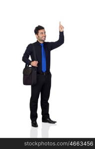 Young businessman indicating something with his finger isolated on white background