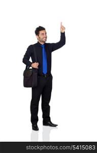 Young businessman indicating something with his finger isolated on white background