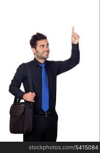 Young businessman indicating something with his finger isolated on white background