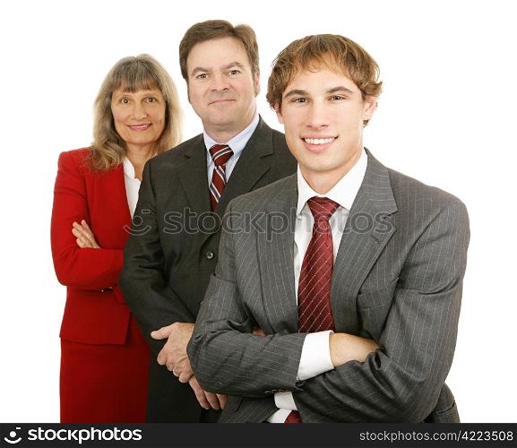 Young businessman leads team. Isolated on white.