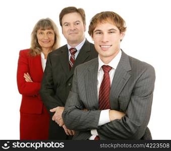 Young businessman leads team. Isolated on white.